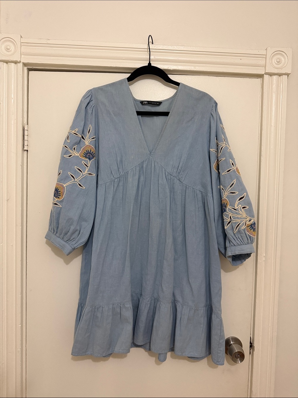 Zara Light Blue Embroidered Mini Dress
